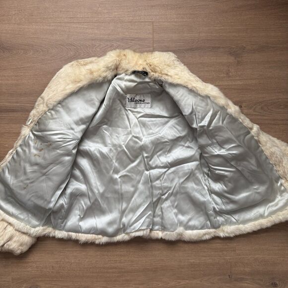 Vintage 80s Wilsons Suede & Leather Rabbit Fur Coat Jacket Womens Medium M Cream - Picture 10 of 13